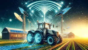 Karl Hoffman Detailed and vivid concept art of an electric tractor being charged by microwave signals from company satellites. Show the futuristic electric tractor8