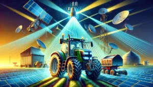 Karl Hoffman Detailed and vivid concept art of an electric tractor being charged by microwave signals from company satellites. Show the futuristic electric tractor9