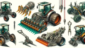 Karl Hoffman Detailed and vivid concept art of attachments for the futuristic electric tractor designed by rocket scientists and electrical engineers. Illustrate t10